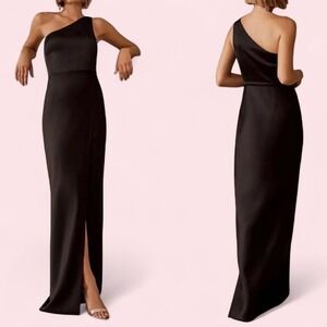 BHLDN Dylan One-Shoulder Satin Side-Slit Gown Black Size 10